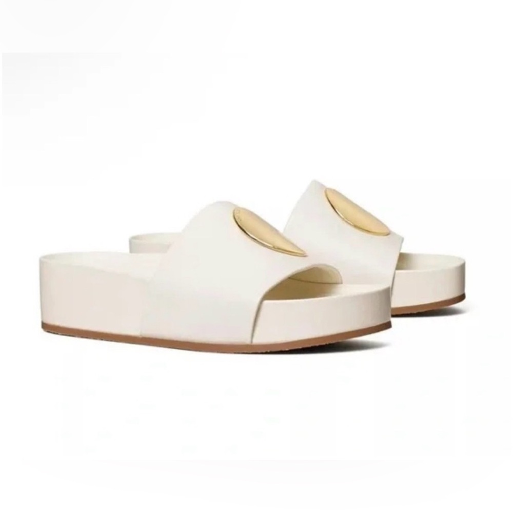 NWOT Tory Burch Patos Slide Disk Leather Sandal New Ivory US 8.5 AUTHENTIC.